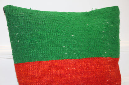 Green Red Color Block Rug Cushion, Bold Rustic Boho Decor, Handmade Square Accent Pillow(16x16 in)