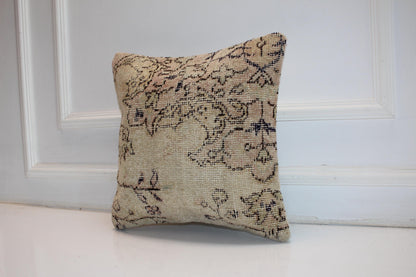 Neutral Floral Rug Cushion, Soft Beige Antique Look Decor, Handmade Square Accent Pillow(16x16 in)