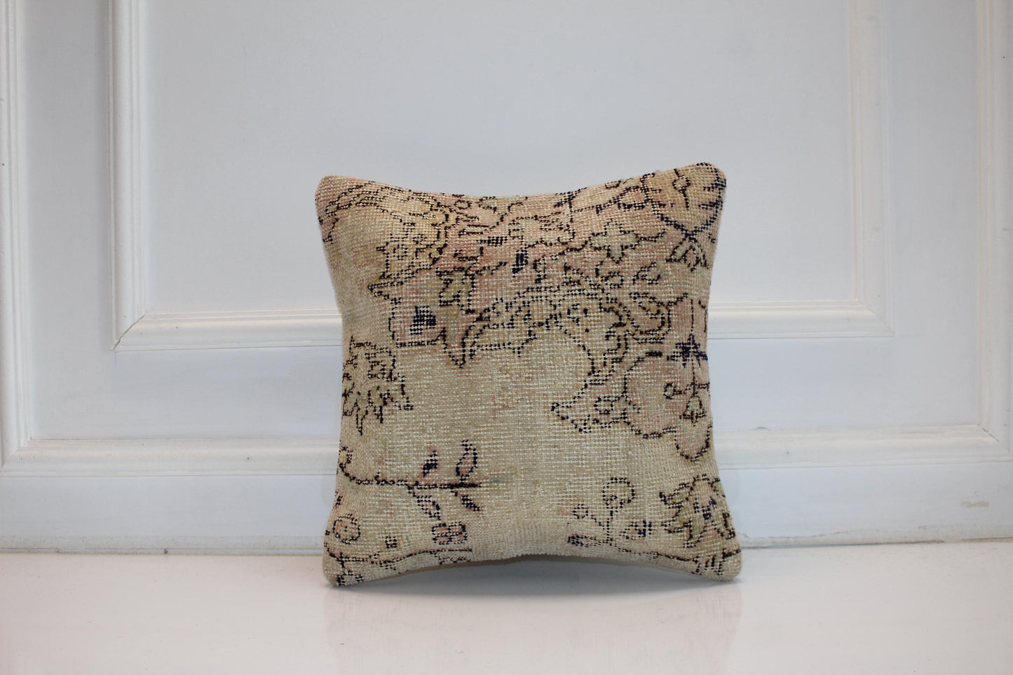 Neutral Floral Rug Cushion, Soft Beige Antique Look Decor, Handmade Square Accent Pillow(16x16 in)