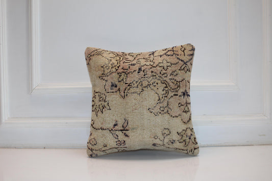 Neutral Floral Rug Cushion, Soft Beige Antique Look Decor, Handmade Square Accent Pillow(16x16 in)