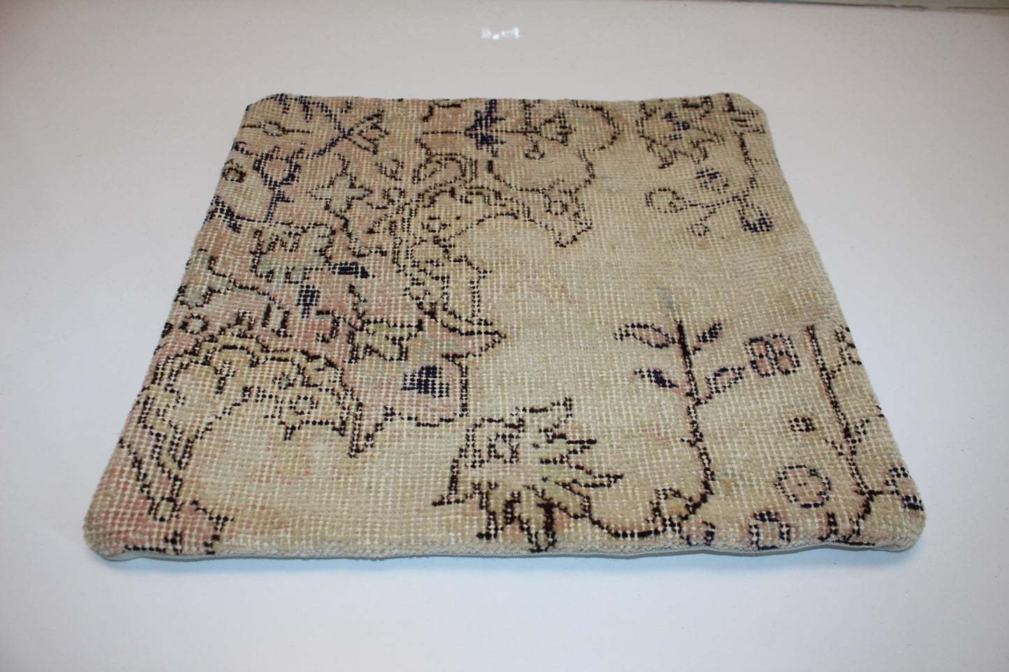Neutral Floral Rug Cushion, Soft Beige Antique Look Decor, Handmade Square Accent Pillow(16x16 in)
