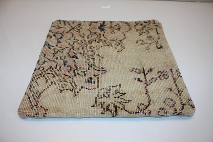 Neutral Floral Rug Cushion, Soft Beige Antique Look Decor, Handmade Square Accent Pillow(16x16 in)