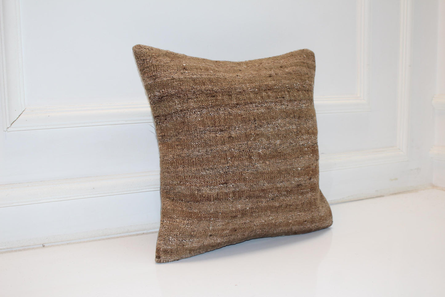 Solid Brown Rustic Rug Cushion, Minimal Natural Decor, Handmade Square Accent Pillow(16x16 in)