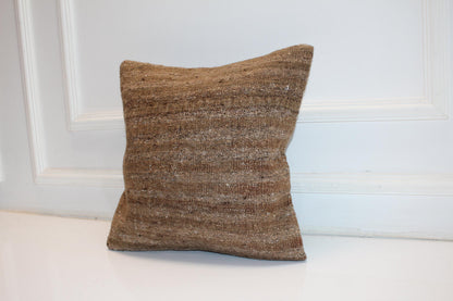 Solid Brown Rustic Rug Cushion, Minimal Natural Decor, Handmade Square Accent Pillow(16x16 in)