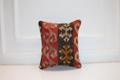 Red Black Patterned Rug Cushion, Ethnic Tribal Motif Decor, Handmade Square Accent Pillow(16x16 in)