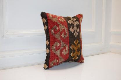 Red Black Patterned Rug Cushion, Ethnic Tribal Motif Decor, Handmade Square Accent Pillow(16x16 in)