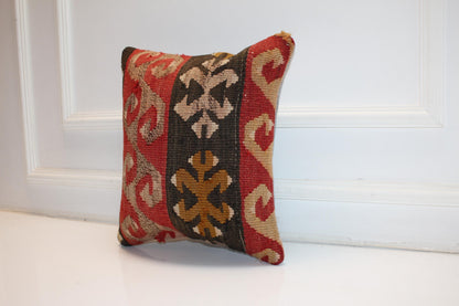 Red Black Patterned Rug Cushion, Ethnic Tribal Motif Decor, Handmade Square Accent Pillow(16x16 in)