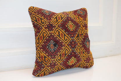 Geometric Diamond Rug Cushion, Warm Tribal Pattern Decor, Handmade Square Accent Pillow(16x16 in)