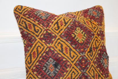 Geometric Diamond Rug Cushion, Warm Tribal Pattern Decor, Handmade Square Accent Pillow(16x16 in)