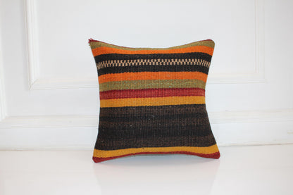 Striped Kilim Cushion, Boho Ethnic Decor, Handmade Anatolian Rug Pillow(16x16 in)