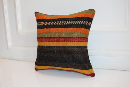 Striped Kilim Cushion, Boho Ethnic Decor, Handmade Anatolian Rug Pillow(16x16 in)