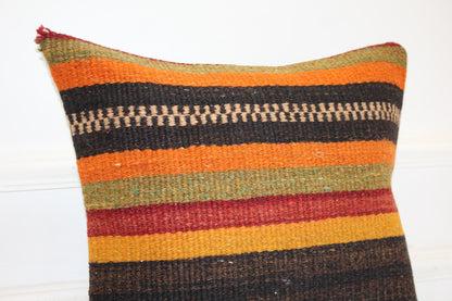 Striped Kilim Cushion, Boho Ethnic Decor, Handmade Anatolian Rug Pillow(16x16 in)