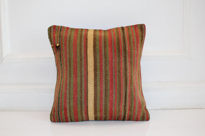 Vertical Striped Kilim Cushion, Earth Tone Boho Decor, Handmade Anatolian Rug Pillow(16x16 in)
