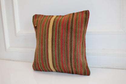 Vertical Striped Kilim Cushion, Earth Tone Boho Decor, Handmade Anatolian Rug Pillow(16x16 in)