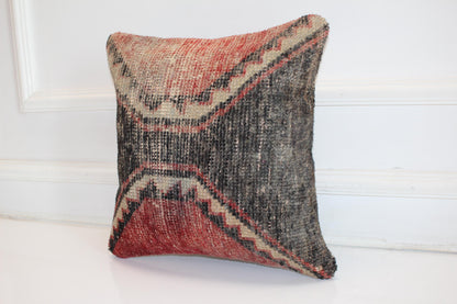 Tribal Geometric Kilim Cushion, Bold Boho Decor, Handmade Anatolian Rug Pillow(16x16 in)