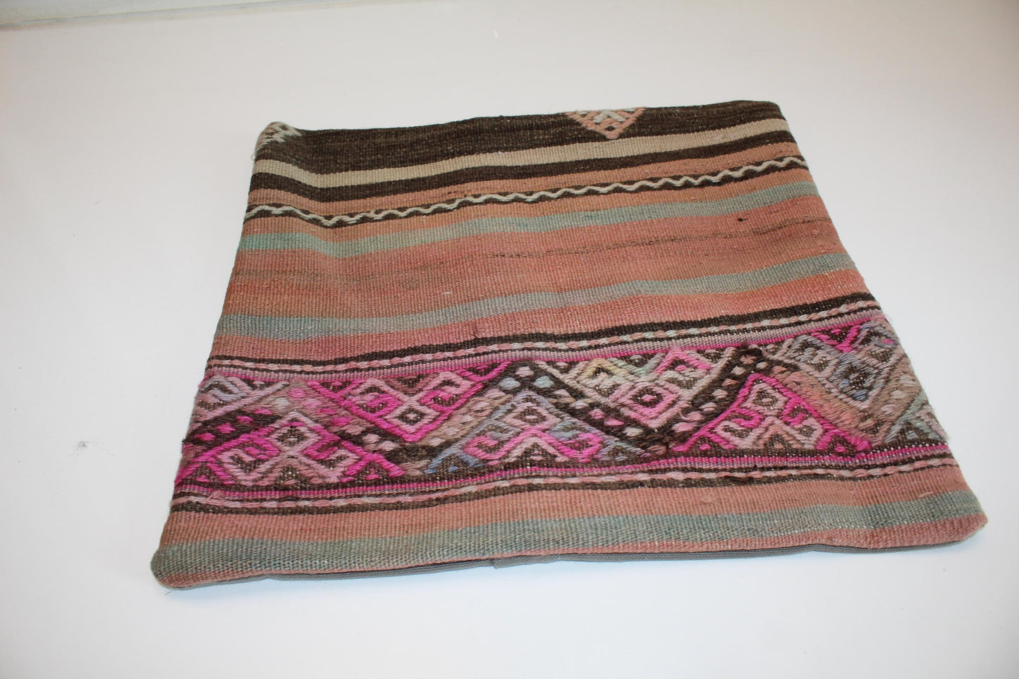 Ethnic Striped Kilim Cushion, Pink Geometric Boho Decor, Handmade Anatolian Rug Pillow(16x16 in)