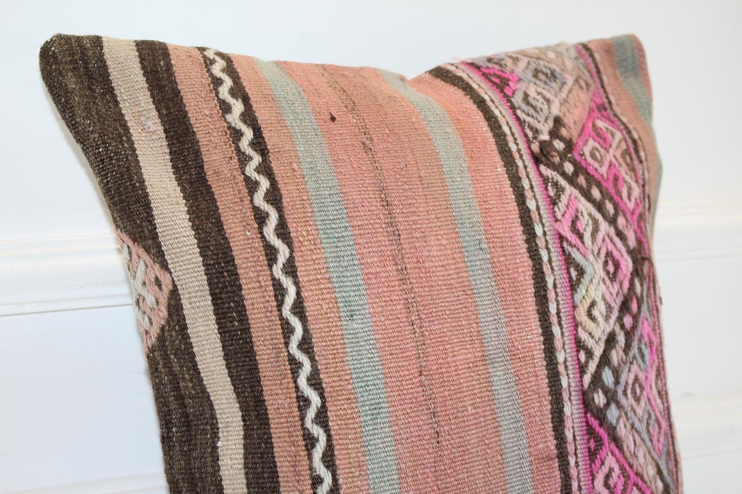 Ethnic Striped Kilim Cushion, Pink Geometric Boho Decor, Handmade Anatolian Rug Pillow(16x16 in)