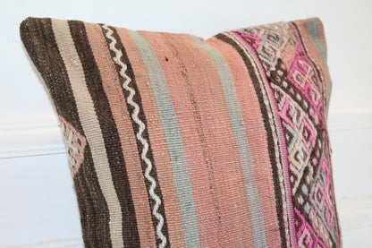 Ethnic Striped Kilim Cushion, Pink Geometric Boho Decor, Handmade Anatolian Rug Pillow(16x16 in)