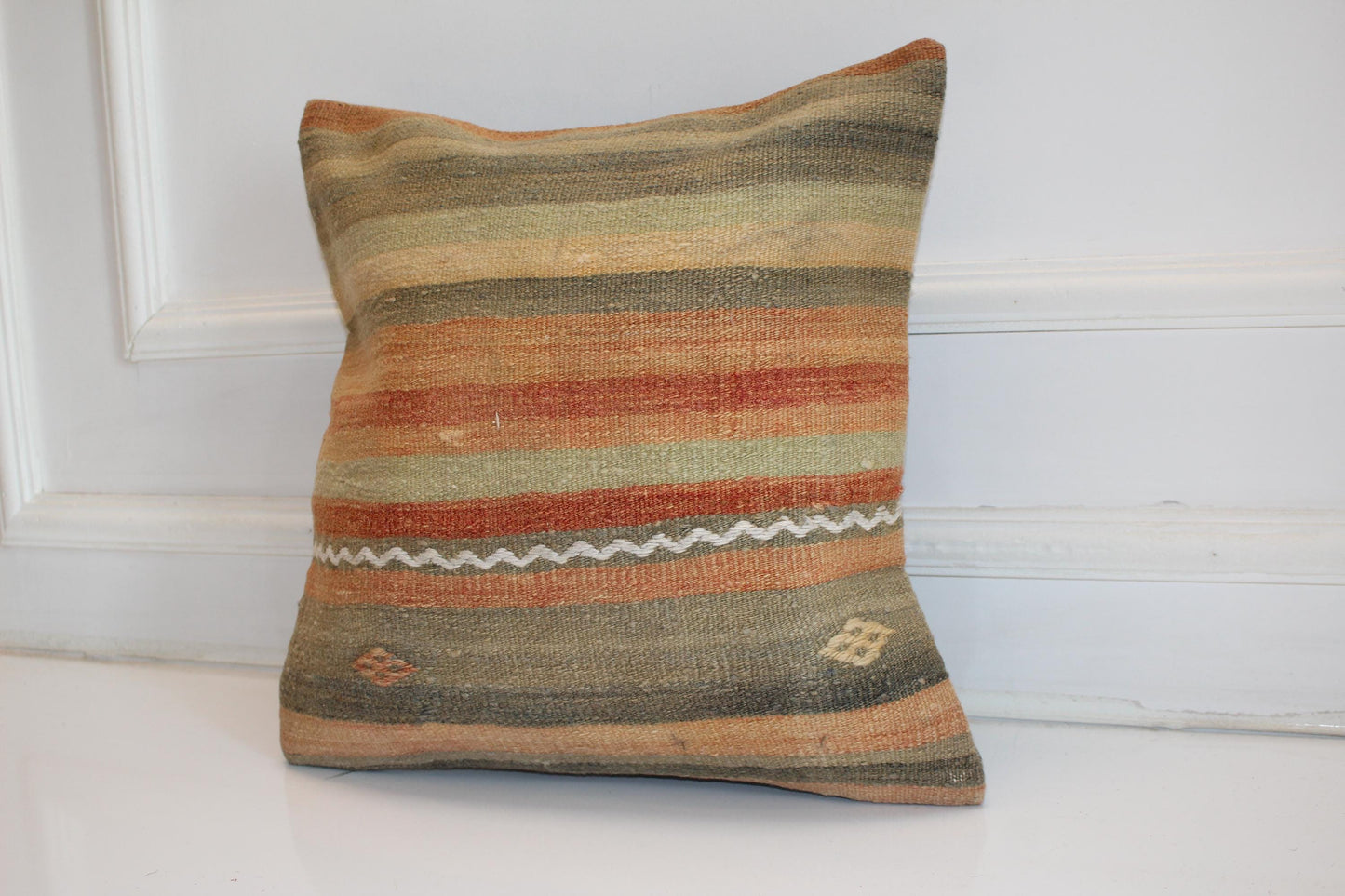 Soft Striped Kilim Cushion, Earth Tone Boho Decor, Handmade Anatolian Rug Pillow(16x16 in)