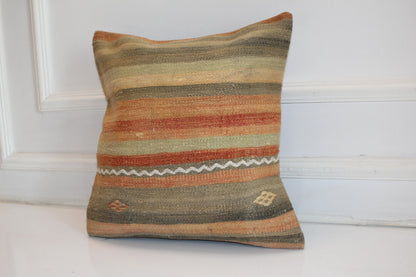 Soft Striped Kilim Cushion, Earth Tone Boho Decor, Handmade Anatolian Rug Pillow(16x16 in)