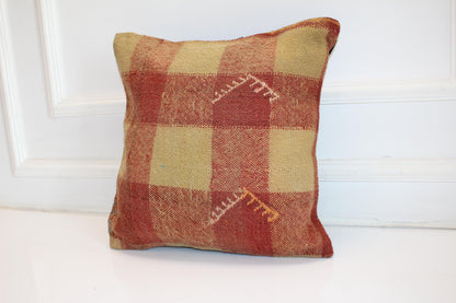 Patchwork Kilim Cushion, Rustic Earth Tone Boho Decor, Handmade Anatolian Rug Pillow(16x16 in)