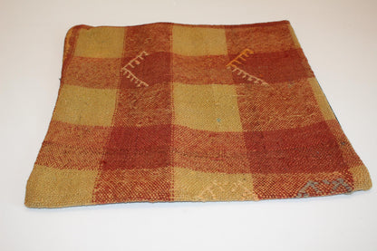 Patchwork Kilim Cushion, Rustic Earth Tone Boho Decor, Handmade Anatolian Rug Pillow(16x16 in)