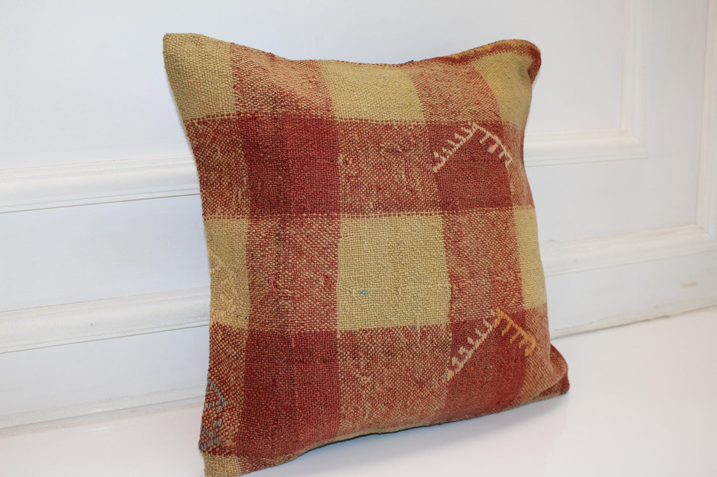 Patchwork Kilim Cushion, Rustic Earth Tone Boho Decor, Handmade Anatolian Rug Pillow(16x16 in)