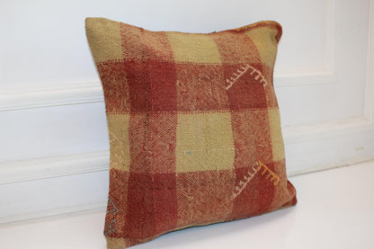 Patchwork Kilim Cushion, Rustic Earth Tone Boho Decor, Handmade Anatolian Rug Pillow(16x16 in)