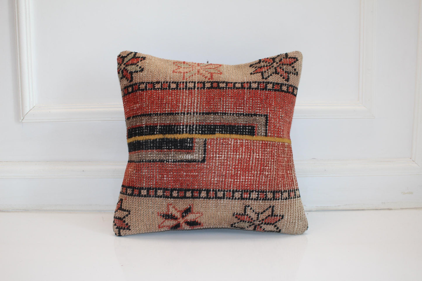 Tribal Geometric Kilim Cushion, Southwestern Boho Decor, Handmade Anatolian Rug Pillow(16x16 in)