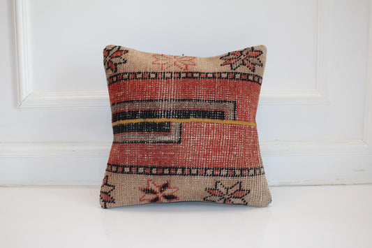 Tribal Geometric Kilim Cushion, Southwestern Boho Decor, Handmade Anatolian Rug Pillow(16x16 in)