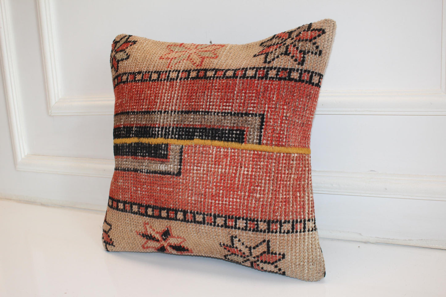 Tribal Geometric Kilim Cushion, Southwestern Boho Decor, Handmade Anatolian Rug Pillow(16x16 in)