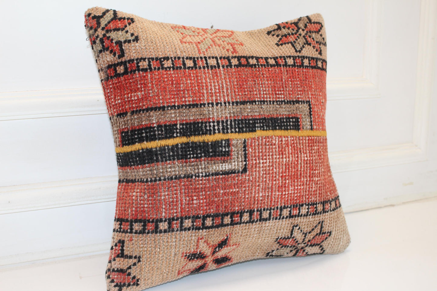 Tribal Geometric Kilim Cushion, Southwestern Boho Decor, Handmade Anatolian Rug Pillow(16x16 in)