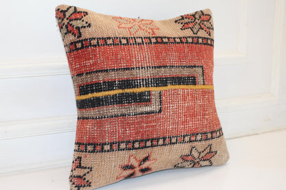 Tribal Geometric Kilim Cushion, Southwestern Boho Decor, Handmade Anatolian Rug Pillow(16x16 in)