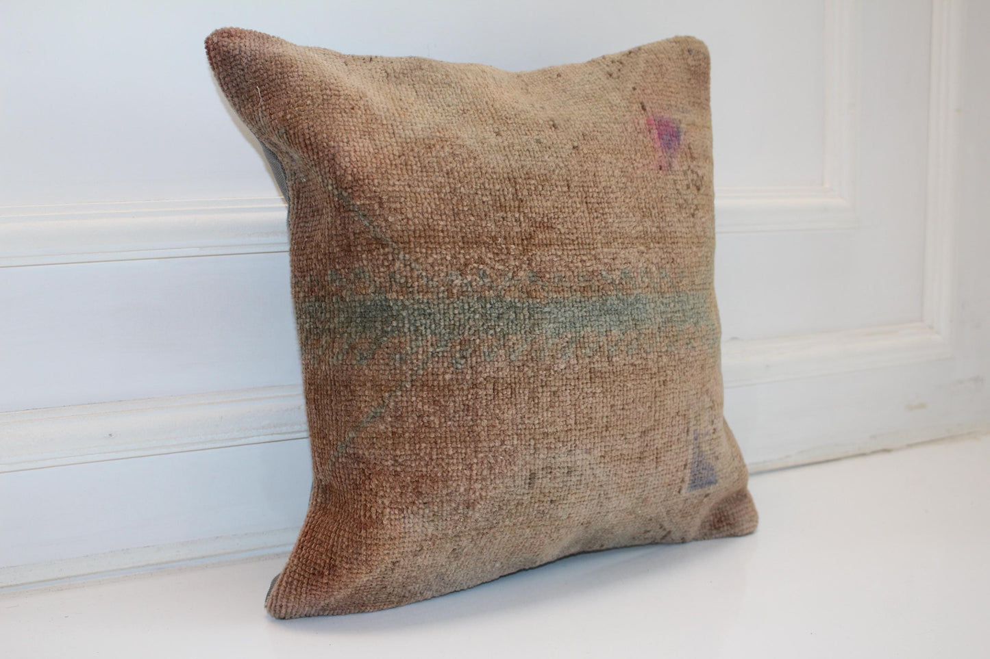 Minimal Earth Tone Kilim Cushion, Primitive Boho Decor, Handmade Anatolian Rug Pillow(16x16 in)