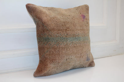 Minimal Earth Tone Kilim Cushion, Primitive Boho Decor, Handmade Anatolian Rug Pillow(16x16 in)