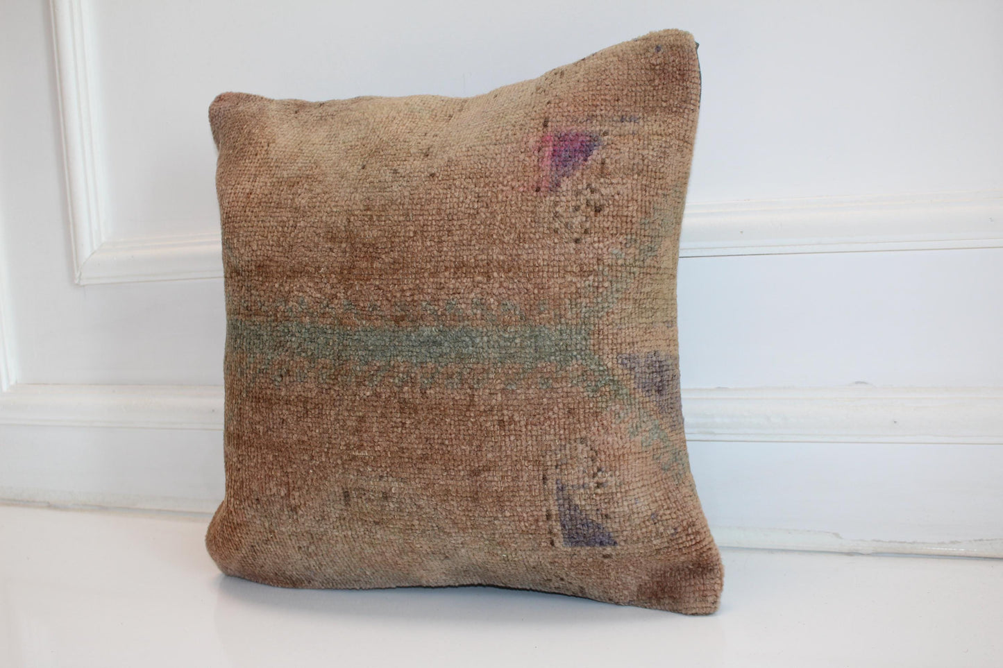 Minimal Earth Tone Kilim Cushion, Primitive Boho Decor, Handmade Anatolian Rug Pillow(16x16 in)