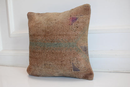 Minimal Earth Tone Kilim Cushion, Primitive Boho Decor, Handmade Anatolian Rug Pillow(16x16 in)
