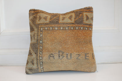 Muted Geometric Kilim Cushion, Antique Earth Tone Boho Decor, Handmade Anatolian Rug Pillow(16x16 in)