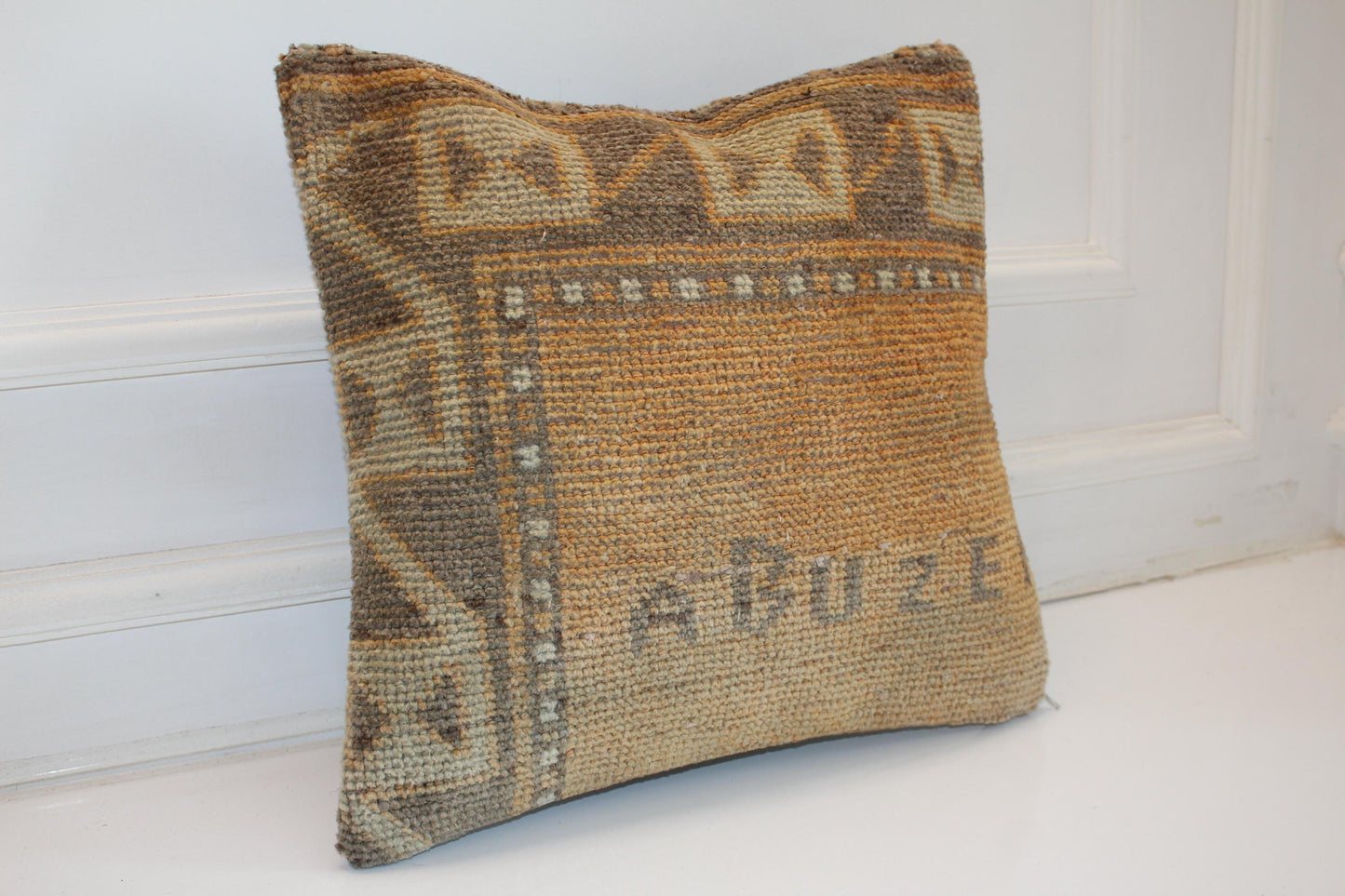 Muted Geometric Kilim Cushion, Antique Earth Tone Boho Decor, Handmade Anatolian Rug Pillow(16x16 in)