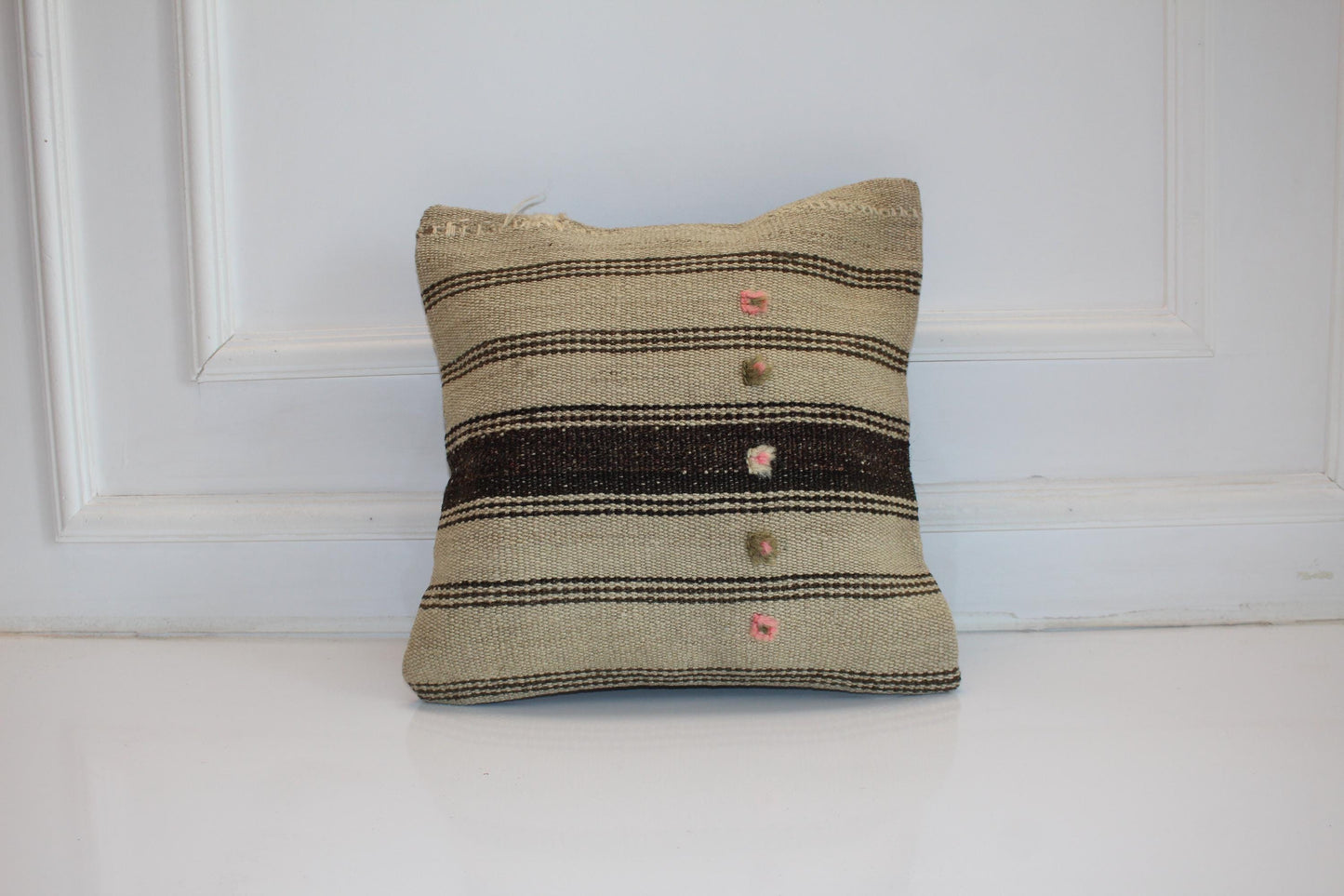 Minimal Striped Kilim Cushion, Neutral Boho Decor with Pink Details, Handmade Anatolian Rug Pillow(16x16 in)