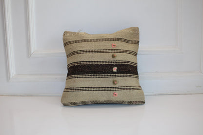 Minimal Striped Kilim Cushion, Neutral Boho Decor with Pink Details, Handmade Anatolian Rug Pillow(16x16 in)