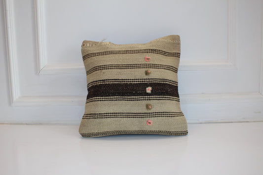 Minimal Striped Kilim Cushion, Neutral Boho Decor with Pink Details, Handmade Anatolian Rug Pillow(16x16 in)