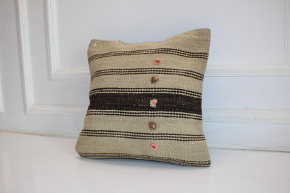 Minimal Striped Kilim Cushion, Neutral Boho Decor with Pink Details, Handmade Anatolian Rug Pillow(16x16 in)