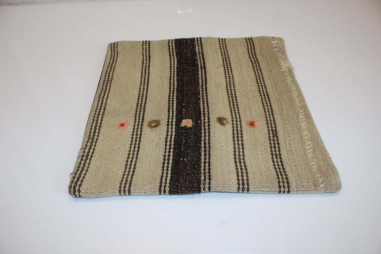 Minimal Striped Kilim Cushion, Neutral Boho Decor with Pink Details, Handmade Anatolian Rug Pillow(16x16 in)