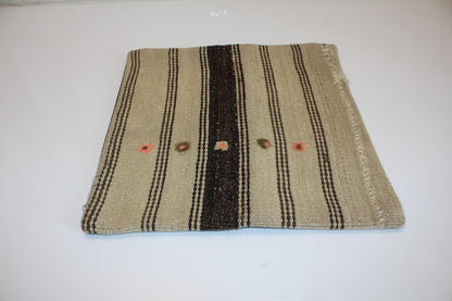 Minimal Striped Kilim Cushion, Neutral Boho Decor with Pink Details, Handmade Anatolian Rug Pillow(16x16 in)