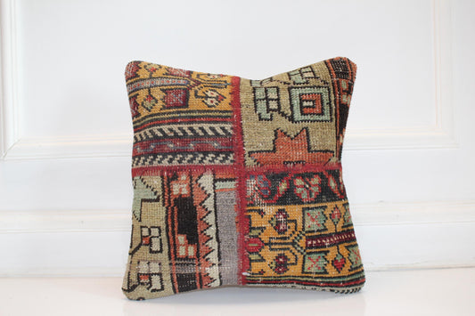 Patchwork Kilim Cushion, Colorful Geometric Boho Decor, Handmade Anatolian Rug Pillow(16x16 in)