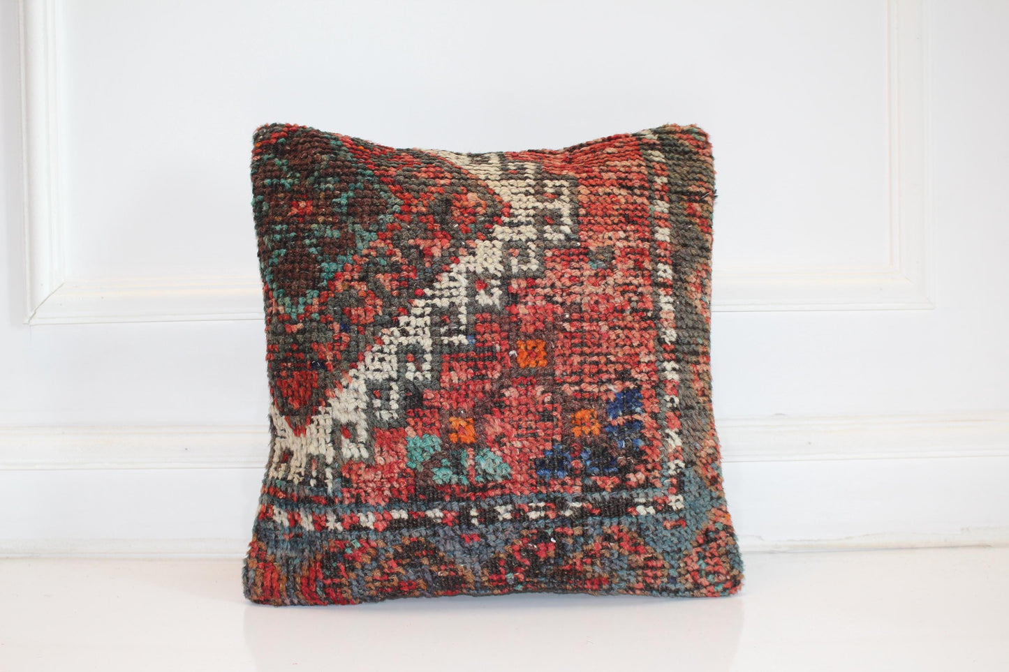 Bold Tribal Kilim Cushion, Colorful Ethnic Boho Decor, Handmade Anatolian Rug Pillow(16x16 in)