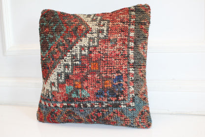 Bold Tribal Kilim Cushion, Colorful Ethnic Boho Decor, Handmade Anatolian Rug Pillow(16x16 in)