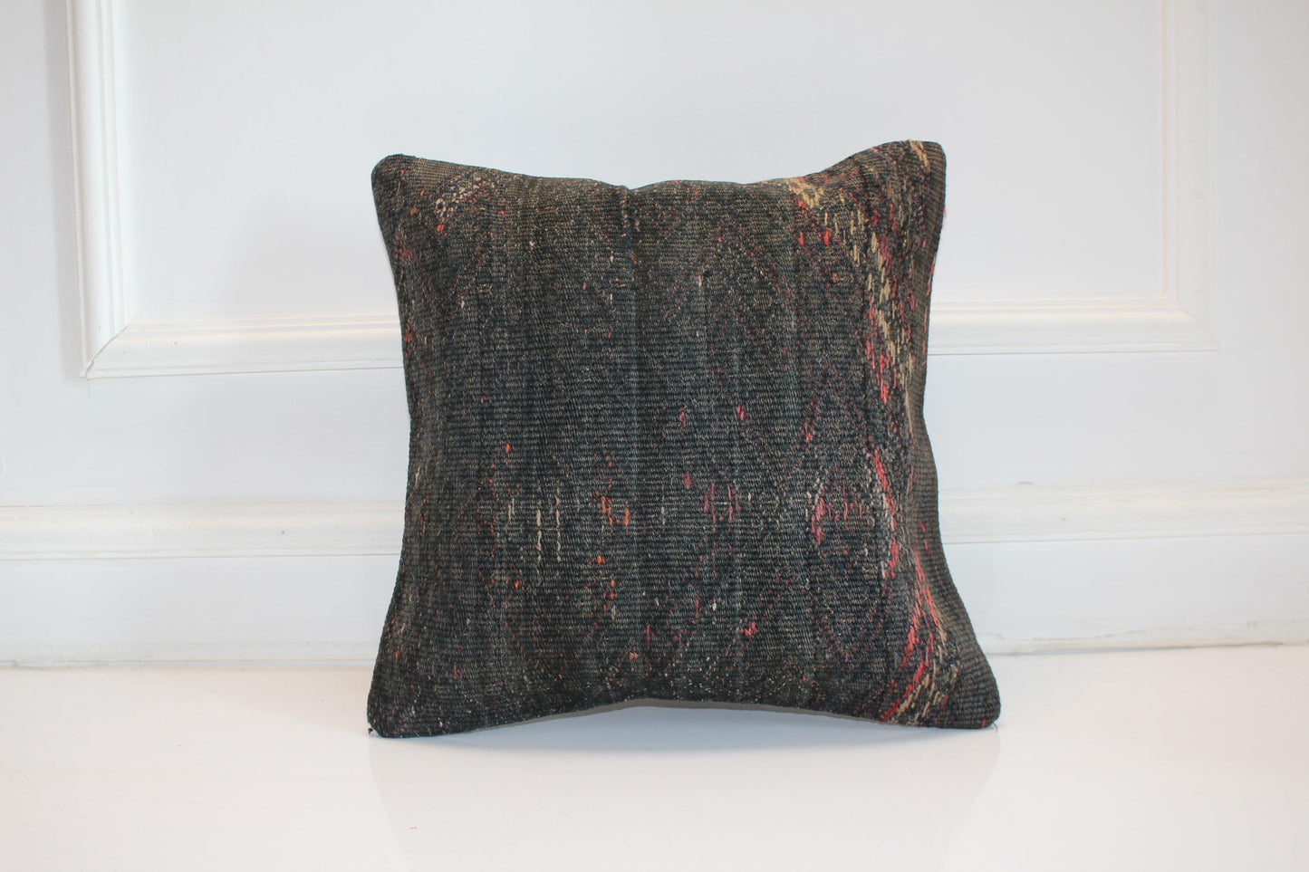 Dark Kilim Cushion, Moody Boho Decor, Handmade Anatolian Rug Pillow(16x16 in)