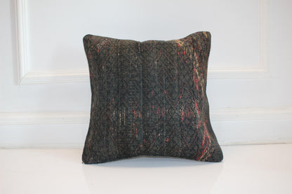 Dark Kilim Cushion, Moody Boho Decor, Handmade Anatolian Rug Pillow(16x16 in)